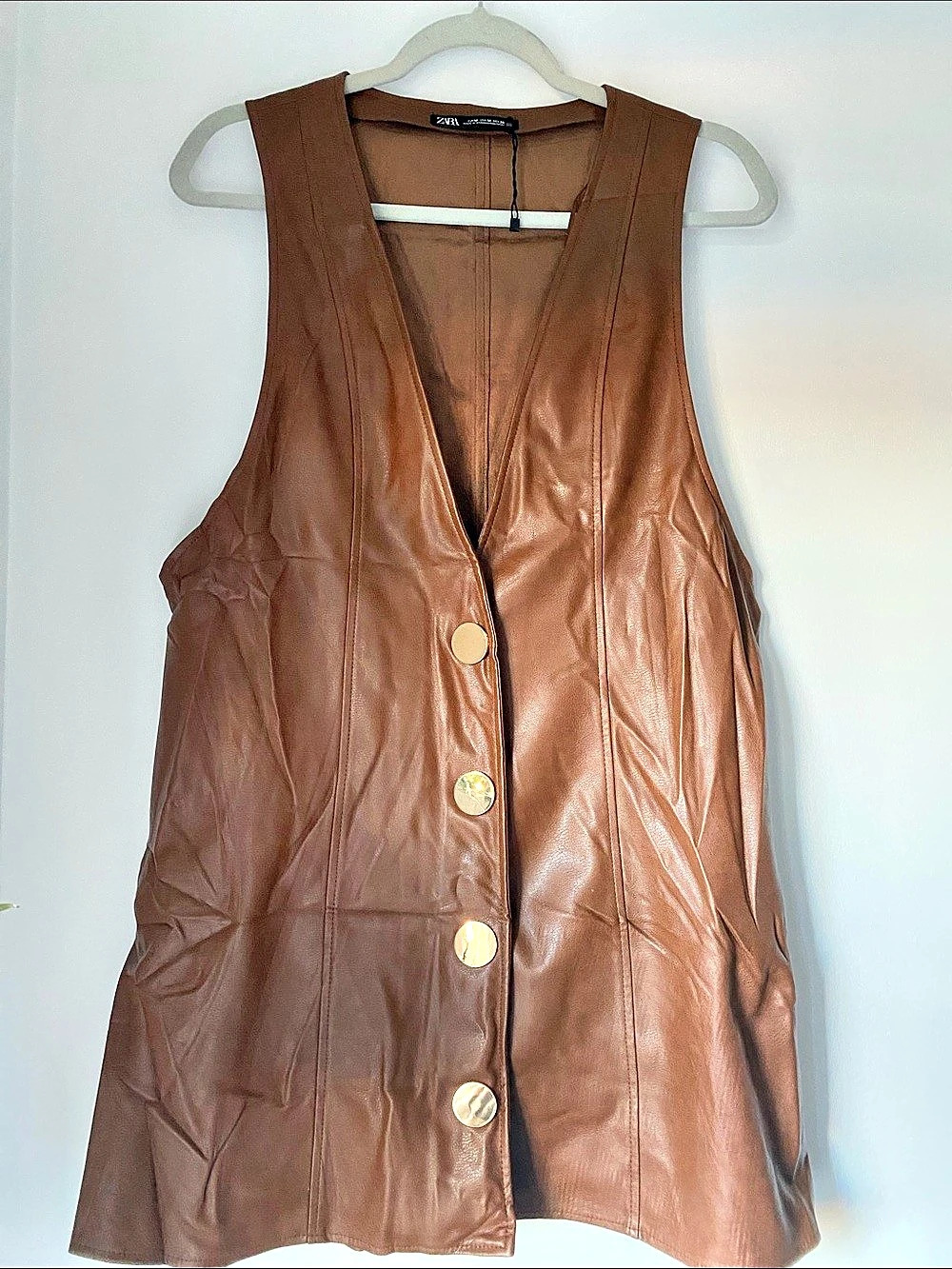 Zara Brown Leather-Look Button Front Vest Size Medium